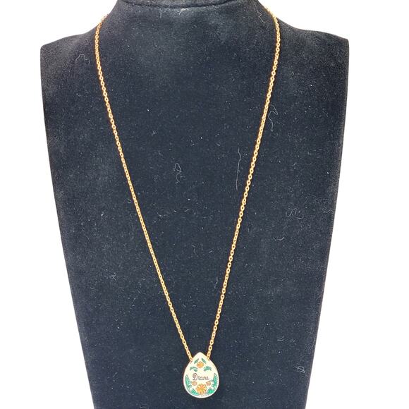 Dainty Name ID Necklace Diane Floral Carved Hand Painted 16" Minimalist Vtg - Picture 1 of 5